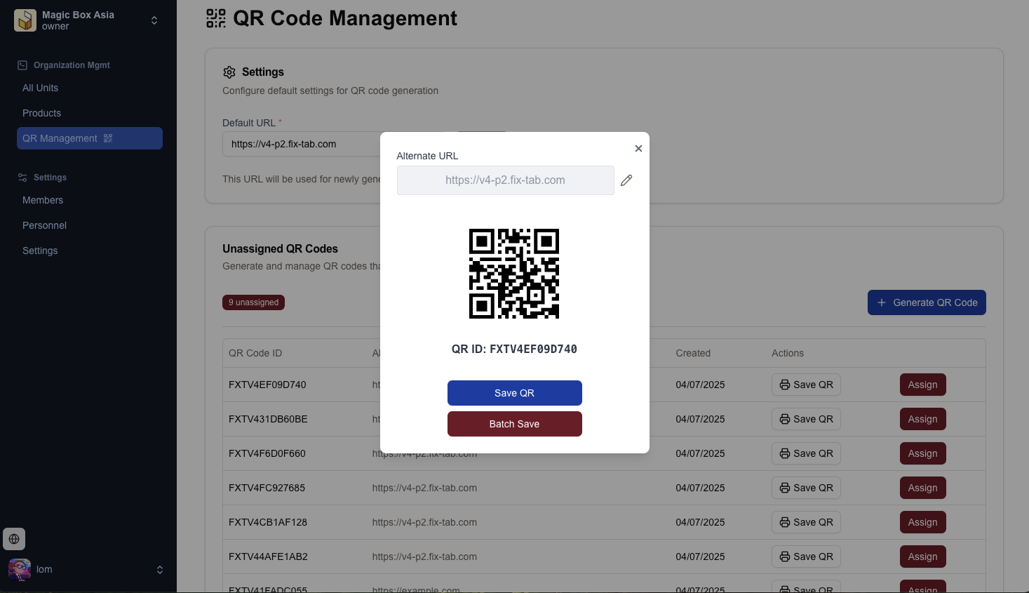 QR Code Management Interface